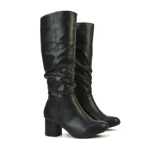 Jackie Ruched Mid Block High Heel Mid Calf High Boots in Black Synthetic Leather